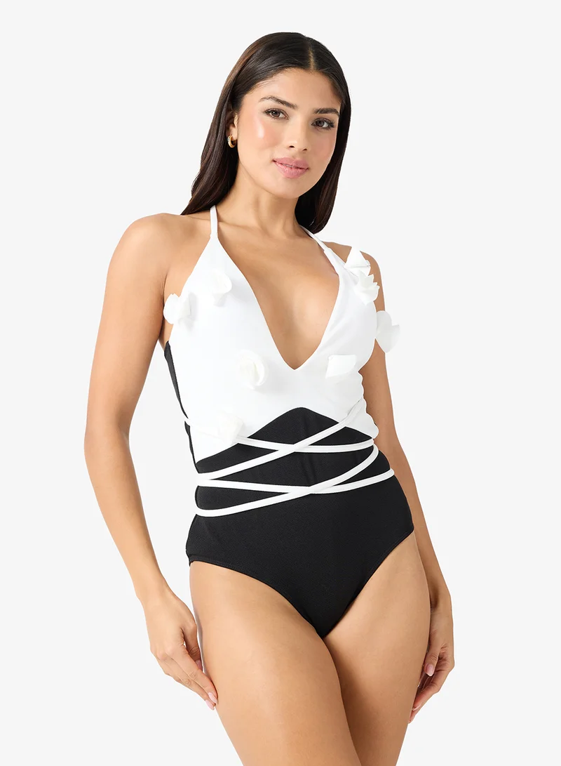 Ginger Halter Neck Monochrome Swimsuit With 3D Floral Detail